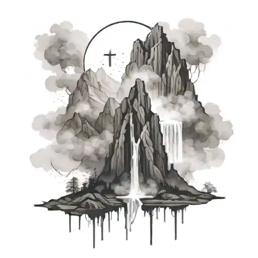 Mountain With Waterfall With Cross Made Out Of Mist
