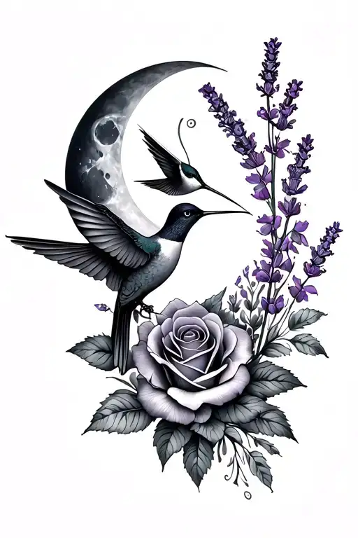 Feminine Long Line Tattoo With Hummingbird And Roses And Lavender And Moon