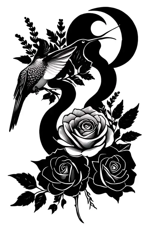 Feminine Long Vertical Line Tattoo With Hummingbird And Roses And Lavender And Moon Very Simple