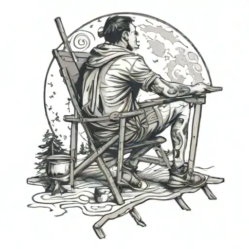 A Guy On A Camping Chair Looking At The Full Moon