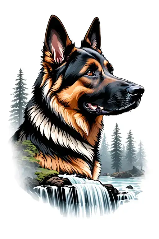 Waterfall Forest Landscape Whit German Shepherd Silhouette Formed