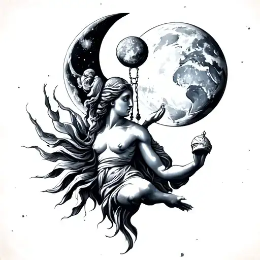 Old Fashioned Libra Holding Moon On One Side And Earth On Other