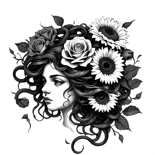 Medusa With Roses And Sunflowers In Hair With Snakes Intertwined