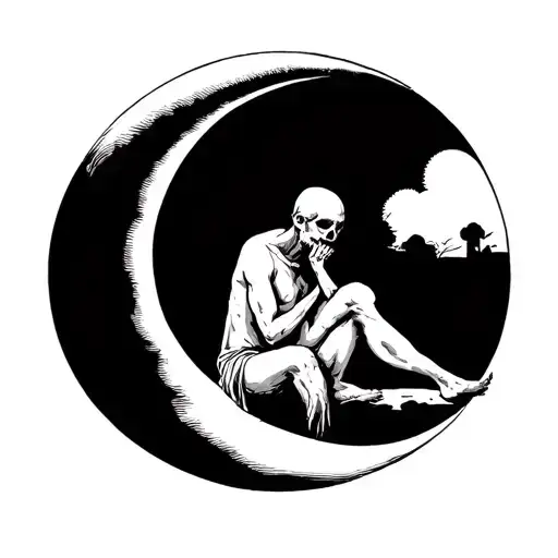 Depressed Man Watching Death Sitting On Crescent Moon
