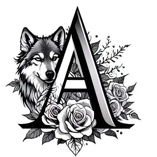 Wolf With Roses And The Letter A Blackwork