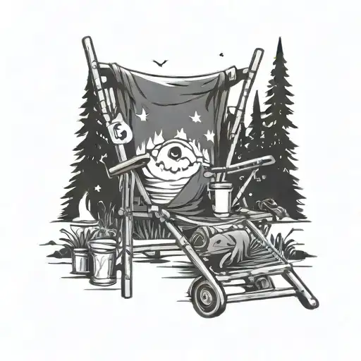 A Tattoo For The Thigh With A Camping Chair Flocked Coco With A Background Of An Empty Rave Party