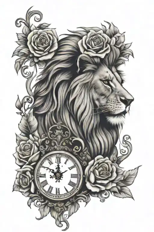 Lion And Roses Growing Whith Clock Face