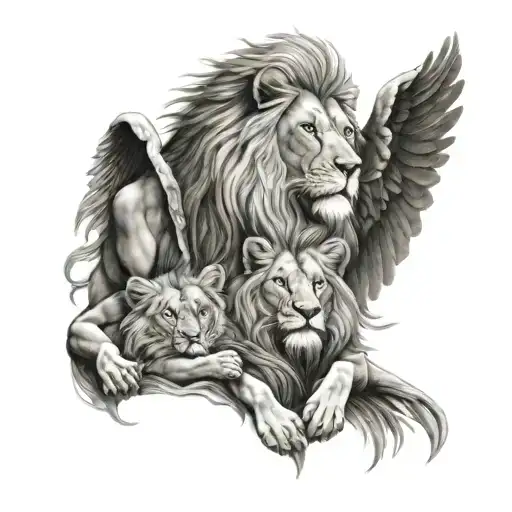 Lion Father And Three Children With Angel Above