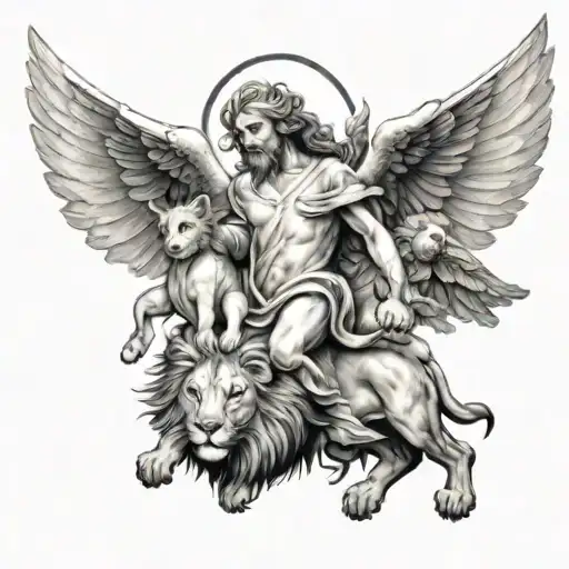 Flying Angel Over Lion With Three Children