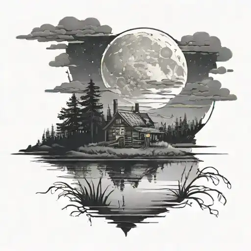 Nightime Lake Landscape With A Cabin On The Water And Cresent Moon In The Sky