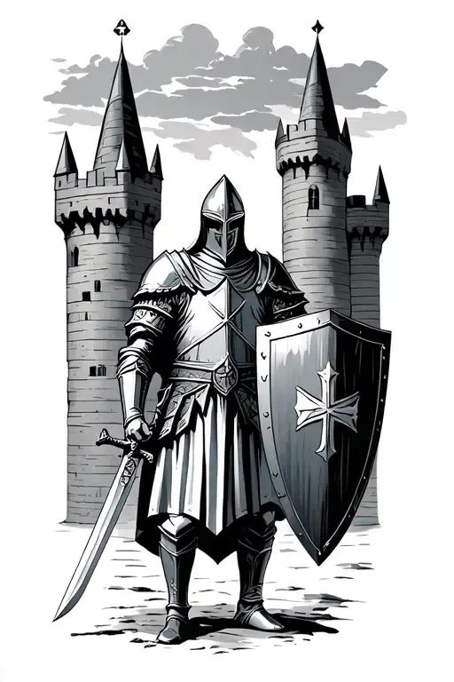 Knight Templar With Shield And Sword Standing In Front Of Castle