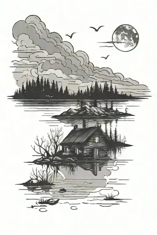 Nightime Lake Landscape With A Cabin On The Water And Cresent Moon In The Sky