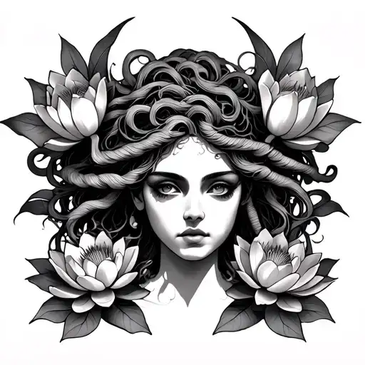 Medusa Tattoo With Lotus Flowers Growing