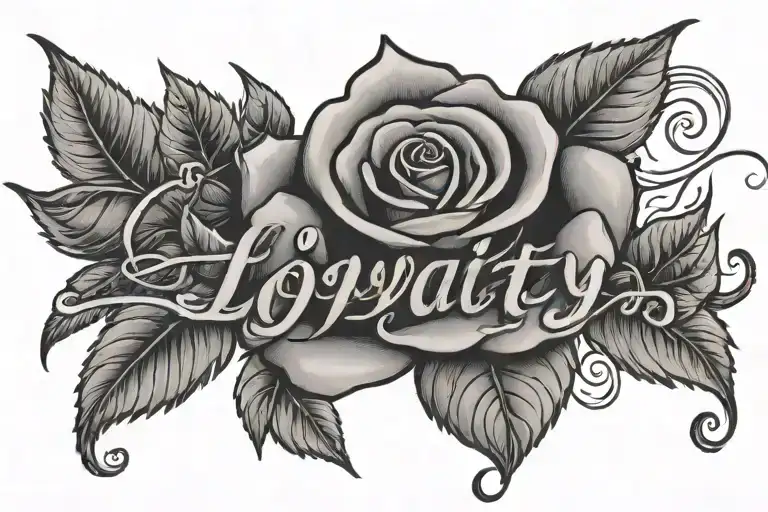 The Word 'Loyalty' Written In Cursive With A Rose Bud Blended Into The L