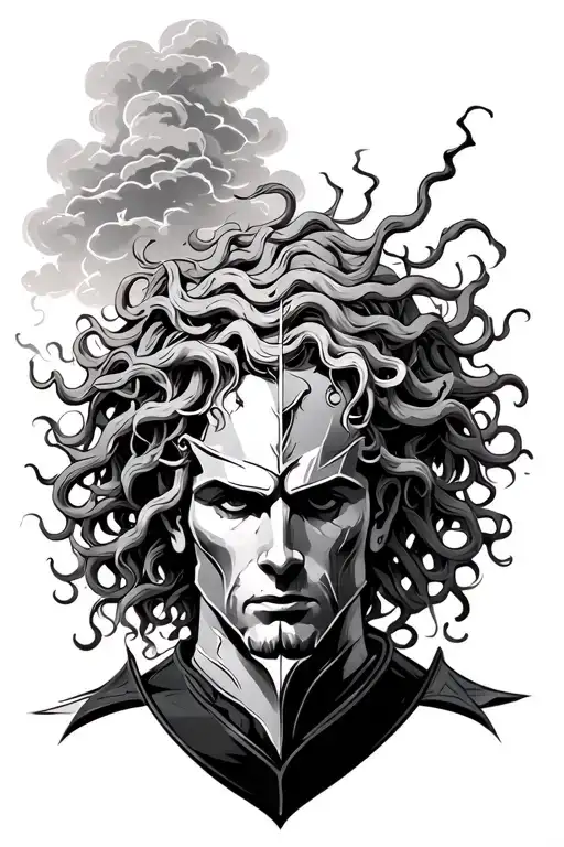 Medusa Head Cut Off By A Knight And A Thunder Cloud Behind Him