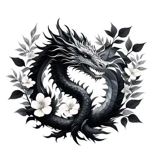 Black Tribal Dragon Inside Japanese Flowers And Leaves