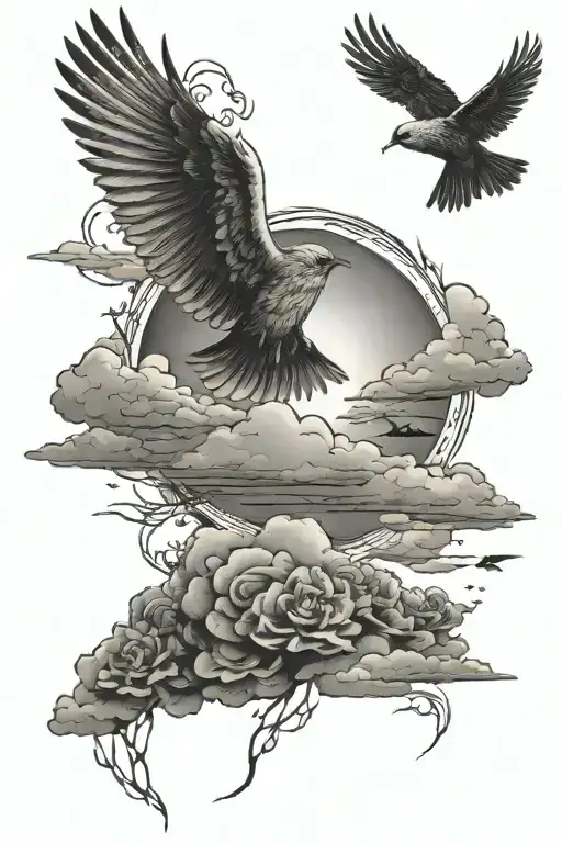 Clouds And Bird Flying Towards Sun Setting With Date Of Dead Relative