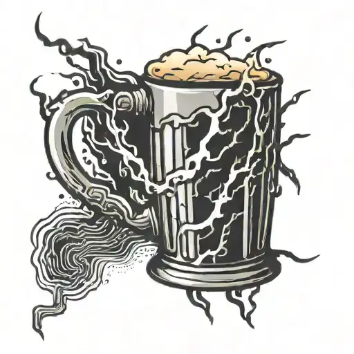 A Black And Grey Tattoo Of A Beer Mug Overflowing With Electrical Sparks And Lightning Bolts