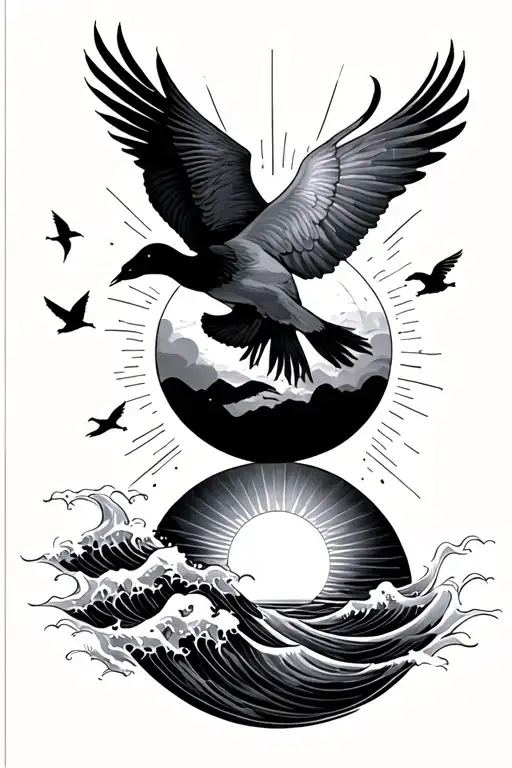 A Circle With Waves On The Left With 5 Birds Flying In The Middle The Sun Rising At The Bottom