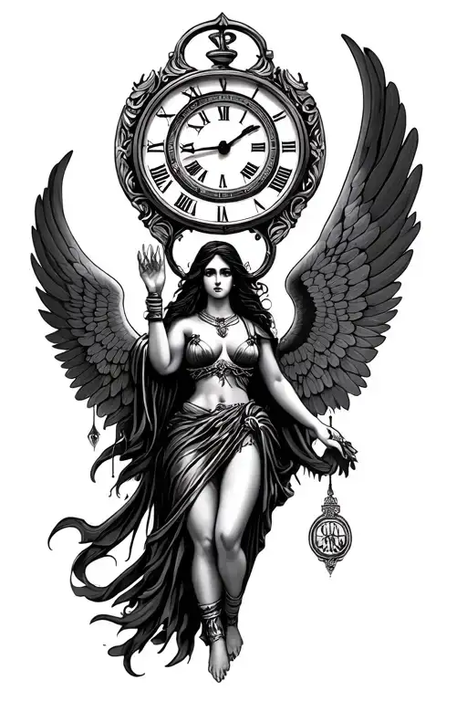 Isis Goddess Holding Clock And Eye In The Middle With Wings