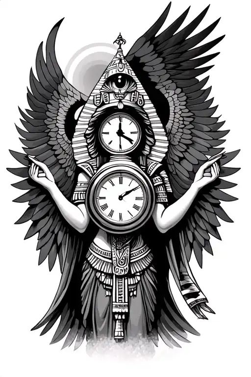 Isis Goddess Of Egypt Holding Clock And Eye In The Middle With Wings