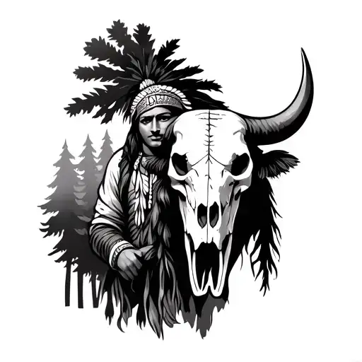 Indian Holding Buffalo Skull With Trees