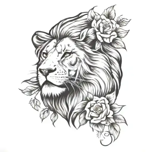 Lion Head With Flowers With Light Shadowing