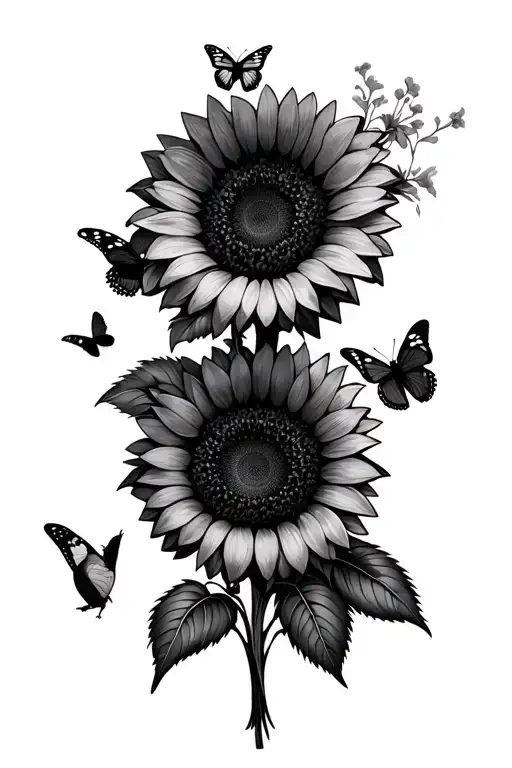 Sunflowers Intertwined With Butterflies And A Small Bird