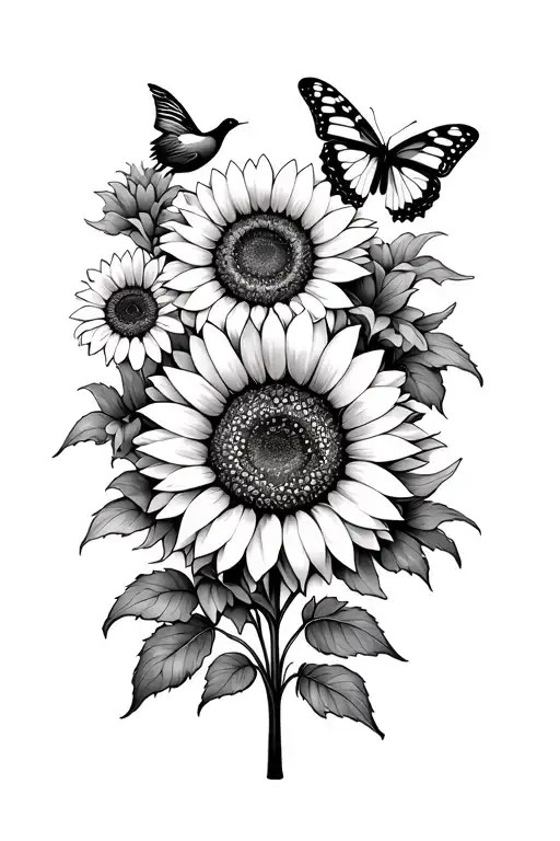 Sunflowers With Butterflies And A Small Bird