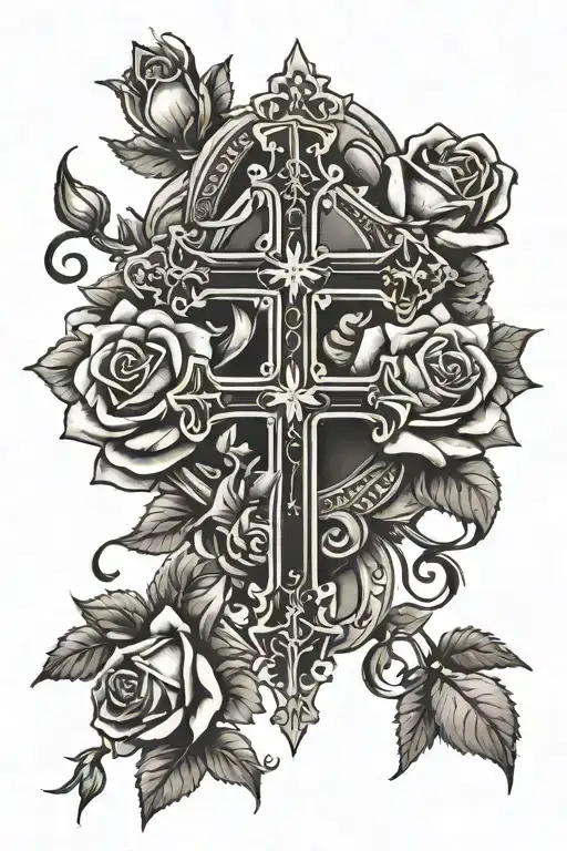 Christian Cross And Roses Around