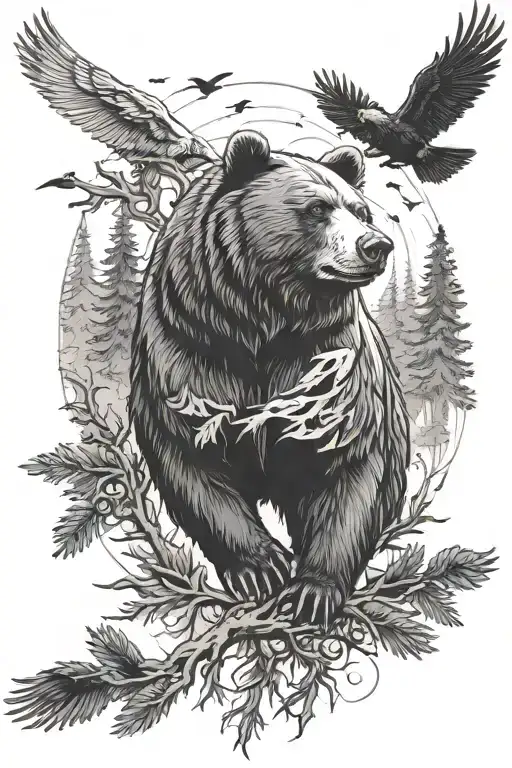 Bear With Fir Trees Against The Background Of Crows With Outstretched Wings