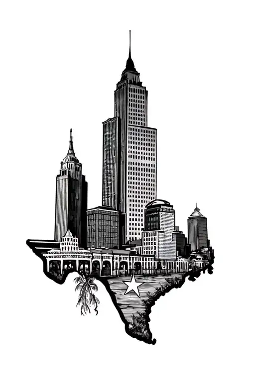 Outline Of Texas With Historical Texas Buildings