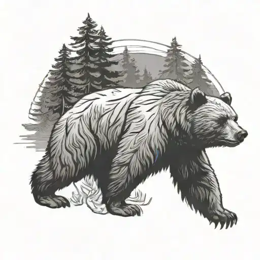 Bear With Fir Trees Against The Background Of Crows With Outstretched
