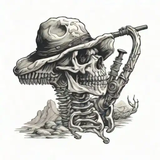 A Dinosaur Skeleton Smoking A Pipe In A Texas Desert Landscape