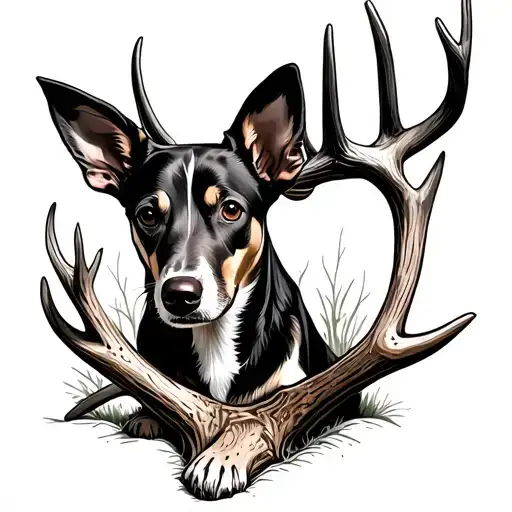Dog Sitting Behind Deer Antler
