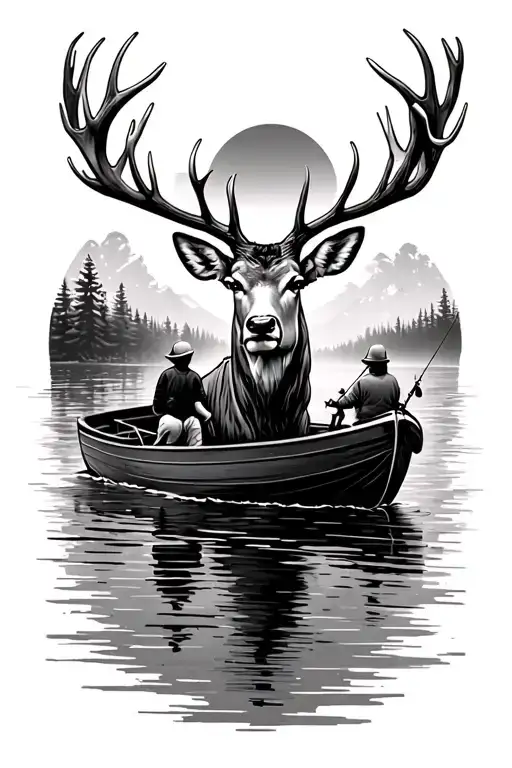 Deer With Antlers With A Boat And 3 People On It Above In The Water Fishing