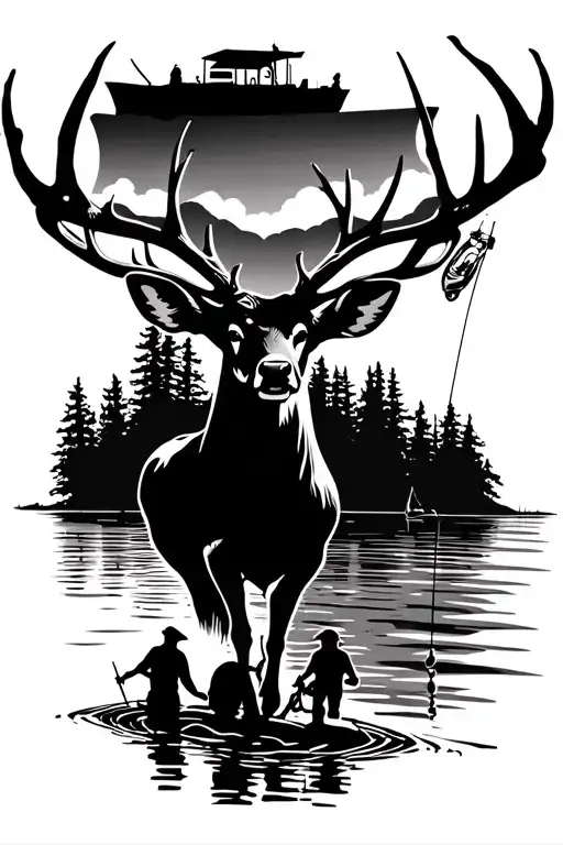 8 Point Deer With A Boat Above The Head And 3 People On It In The Water Fishing