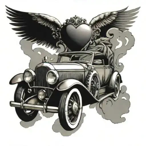 Create A Tattoo Of A Classic Car And A Heart With Wings Symbolizing Love For Both