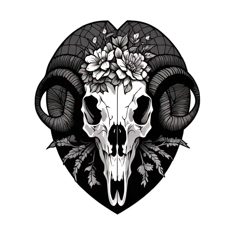 Ram Skull With Spiderwebs And Floral