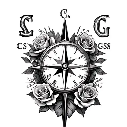 Compass With A Clock With Roses With The Lettes Cs And Gs