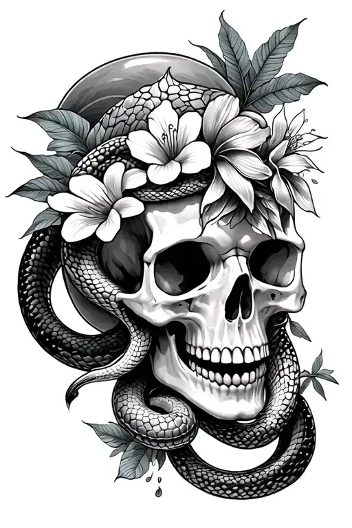 Snakes Through A Skull With Flowers In A Tropical Setting