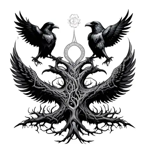 Neo Viking Style Tattoo With Yggdrasil And Two Raven