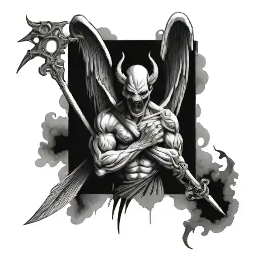 Design A Tattoo For Back With Fallen Angel Having Appearance Of A Devil Holding Trident
