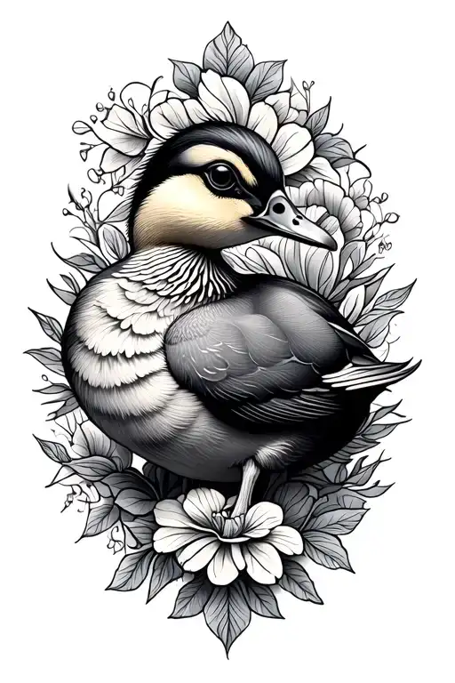 Fine Line Ornamental Tattoo With Duckling