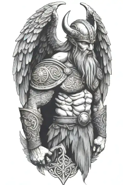 Viking With Symmetrical Face Full Body With Wings Facing Forward