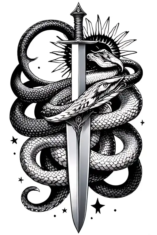 Two Snakes Wrapping A Sword With Moon And Stars And The Sun