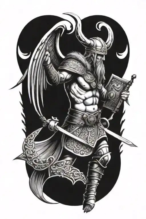 Viking Warrior With Symmertical Face Full Body With Wings Facing Straightforward