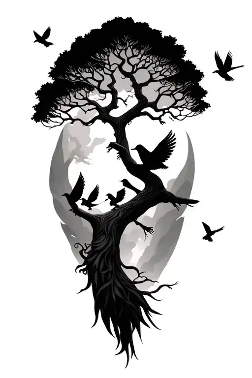 Family Bonzia Tree And Birds Flying