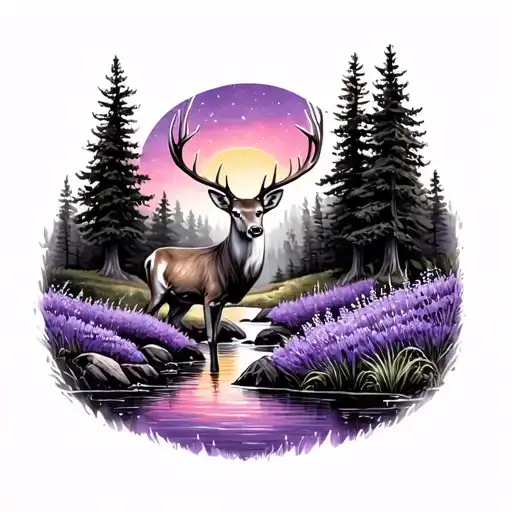 Woods Deer And Stream With Deep Purple Lavender And Pink