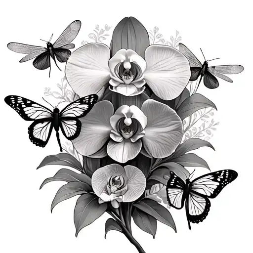 A Traditional Tattoo Of A Mother Orchid Surrounded By Her Butterfly And Dragonfly Children